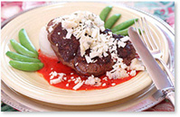 Filets with Gorgonzola on Red Pepper Puree